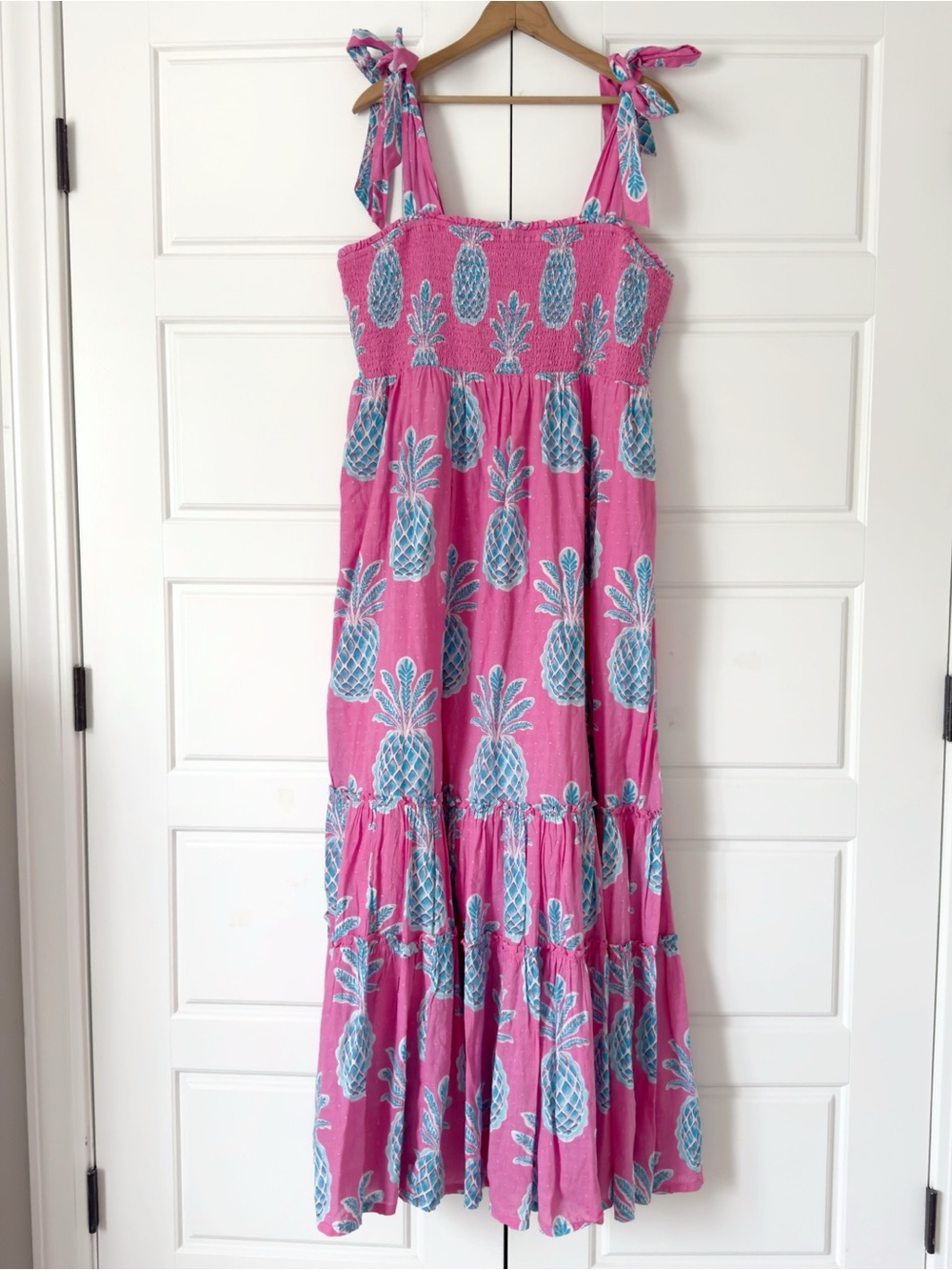 Crown Ivy Tropical Maxi Dress XXL Pink Blue Pineapple Tiered Smocked Dots Beach